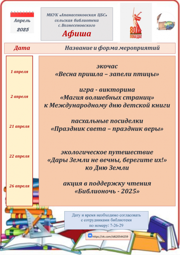Афиша на апрель сельская библиотека с.Вознесеновского МКУК "Апанасенковская ЦБС"