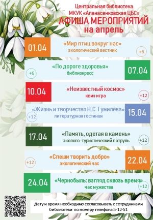 Афиша мероприятий Центральной библиотеки на апрель 2026 года